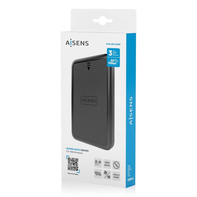 AISENS ASE-2519B Boîtier de disques de stockage Boîtier disque dur/SSD Noir 2.5"