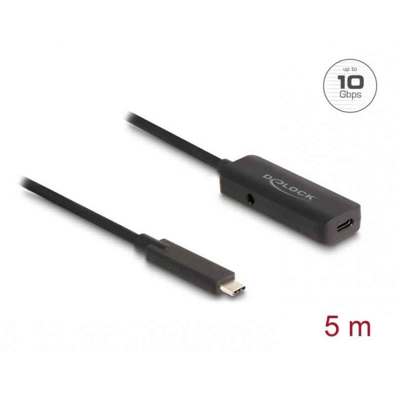 USB 3.2 Gen 2 Aktivverlängerungskabel, USB-C Stecker USB-C Buchse (schwarz, 5 Meter, 10 Gbps, mit DC Strombuchse)