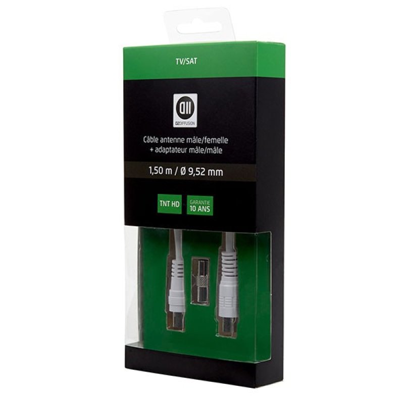 C ble Coaxial m le/femelle 9.52 mm adaptateur m le/m le 1.50 m,Blanc