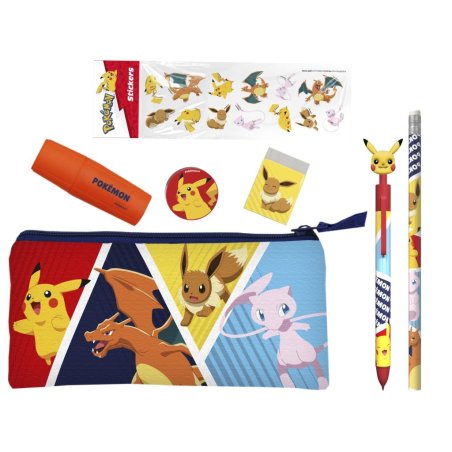 POKEMON - Set de Papeterie avec une Trousse Triple & Stickers - 7pc