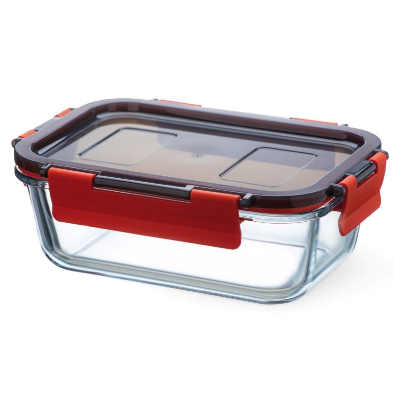 Boite alimentaire en verre avec couvercle à clips en plastique, cont 0,85l, dim 185x132x60mm - verre borosilicate -