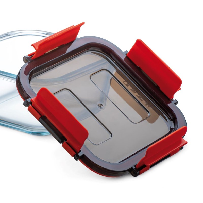 Boite alimentaire en verre avec couvercle à clips en plastique, cont 0,85l, dim 185x132x60mm - verre borosilicate -