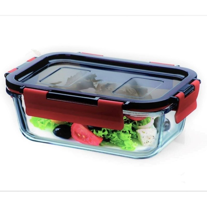 Boite alimentaire en verre avec couvercle à clips en plastique, cont 0,85l, dim 185x132x60mm - verre borosilicate -