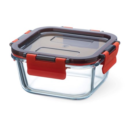 Boite alimentaire en verre avec couvercle à clips en plastique, cont 0,5l, dim 132x132x60mm - verre borosilicate -