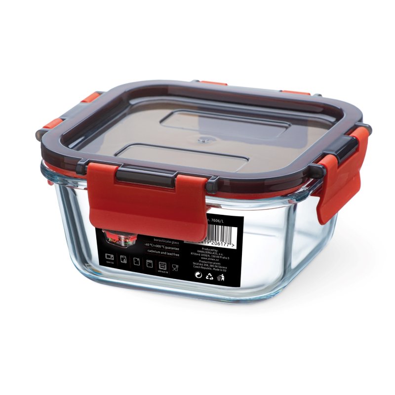 Boite alimentaire en verre avec couvercle à clips en plastique, cont 0,5l, dim 132x132x60mm - verre borosilicate -