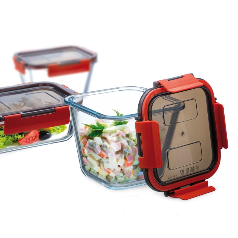 Boite alimentaire en verre avec couvercle à clips en plastique, cont 0,5l, dim 132x132x60mm - verre borosilicate -