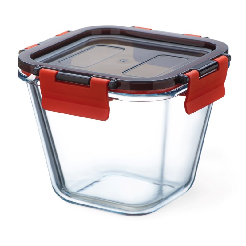 Boite alimentaire en verre avec couvercle à clips en plastique, cont 0,9l, dim 132x132x105mm - verre borosilicate -