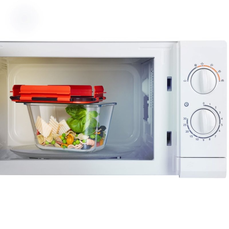 Boite alimentaire en verre avec couvercle à clips en plastique, cont 0,9l, dim 132x132x105mm - verre borosilicate -