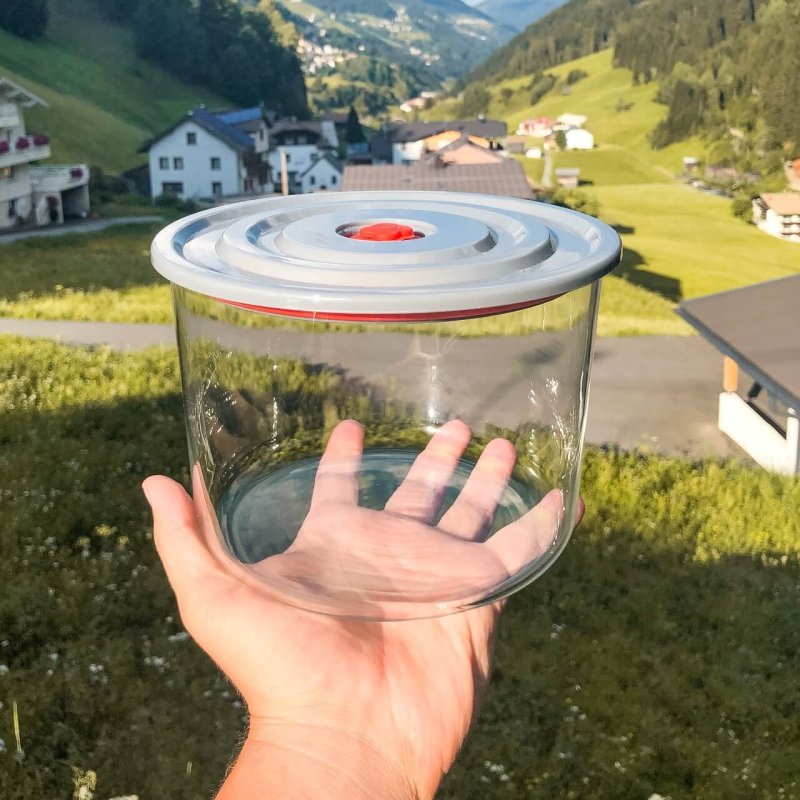 Boite alimentaire ronde avec couvercle plastique et valve - cont 1L - dim 156 x 100 mm - verre borosilicate - 5120/L