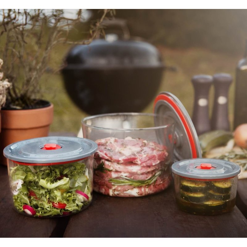 Boite alimentaire ronde avec couvercle plastique et valve - cont 0,35L, dim 116 x 76 mm - verre borosilicate - 5130/L