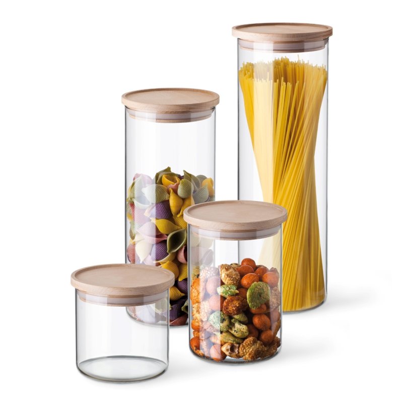 Bocal avec couvercle en bois, contenance 0,80L, dimensions 96/145 mm - verre borosilicate - très haute résistance