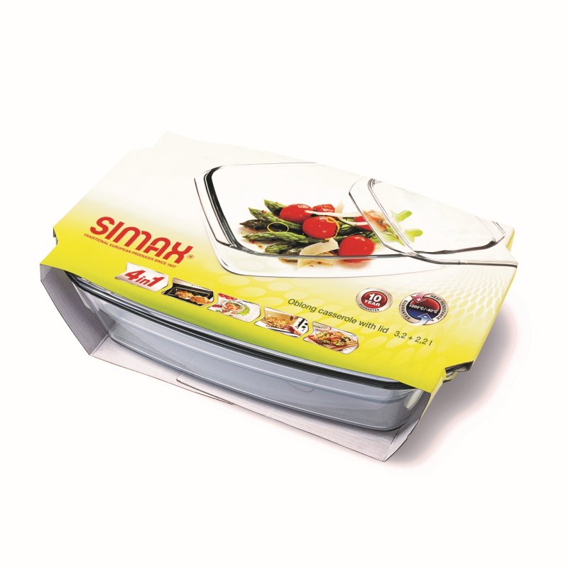 SIMAX Cocotte Rectangulaire avec Couvercle, Cont. 3,2 L 2,2 L, Dim 34,8 x 20,3 x 13,3 cm - Verre Borosilicate -