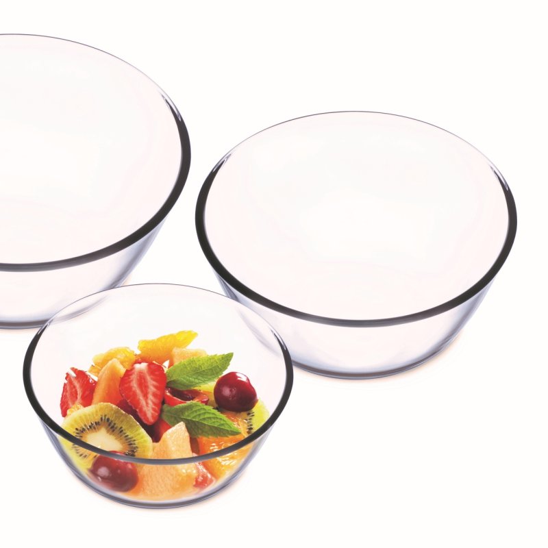 Lot de 3 bols en verre - cont 0,50l, dim 150x80mm, cont 1,30l - 190x95mm, cont 2,5l - 230x110mm - verre borosilicate