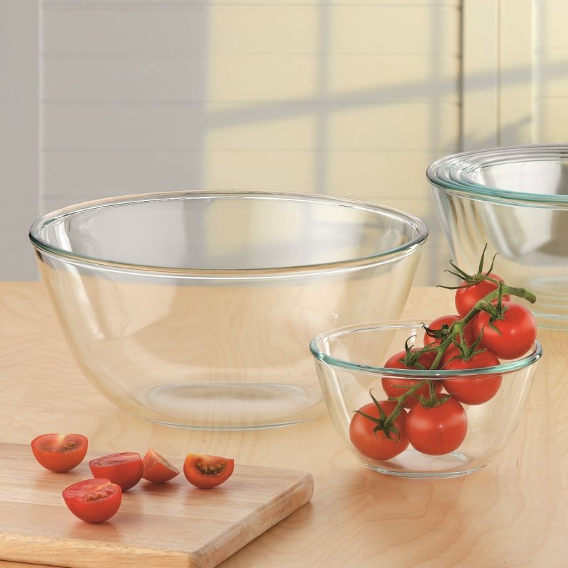 Lot de 3 bols en verre - cont 0,50l, dim 150x80mm, cont 1,30l - 190x95mm, cont 2,5l - 230x110mm - verre borosilicate