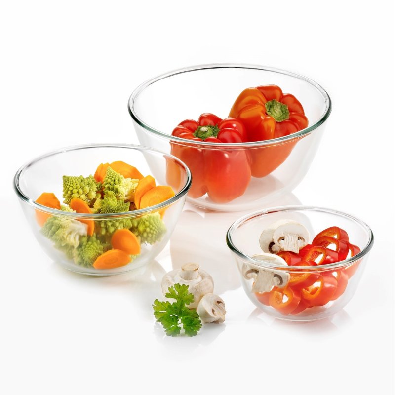 Lot de 3 bols en verre - cont 0,50l, dim 150x80mm, cont 1,30l - 190x95mm, cont 2,5l - 230x110mm - verre borosilicate