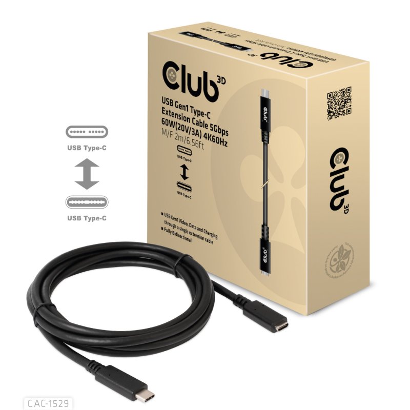CLUB3D USB Gen1 Type-C Extension Cable 5Gbps 60W(20V/3A) 4K60Hz M/F 1m/3.28ft