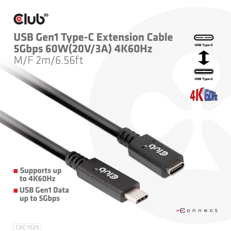 Club 3D USB-Typ-C Gen1 Verlängerungskabel 5Gbps 60W(20V/3A) 4K60Hz St./B 1m