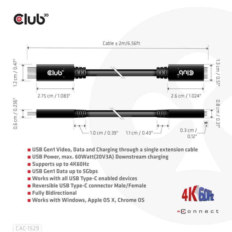 Club 3D USB-Typ-C Gen1 Verlängerungskabel 5Gbps 60W(20V/3A) 4K60Hz St./B 1m