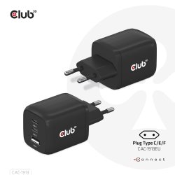 CLUB3D Travel Charger PPS 65Watt GAN technology, Triple port (2x USB Type-C USB Type-A) Power Delivery(PD) 3.0 Support