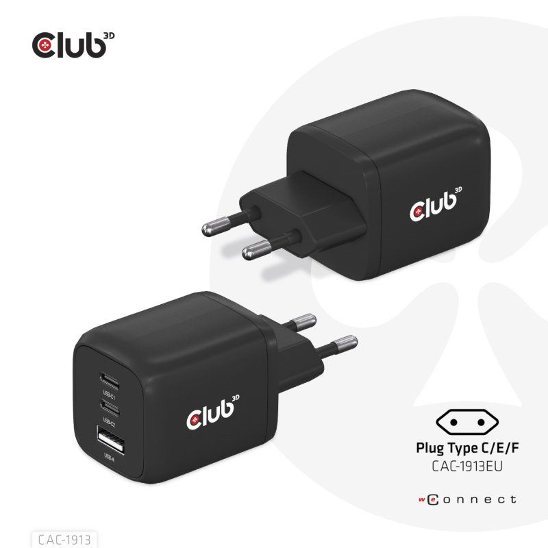 CLUB3D Travel Charger PPS 65Watt GAN technology, Triple port (2x USB Type-C USB Type-A) Power Delivery(PD) 3.0 Support