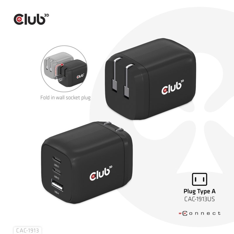 Club 3D Reise Ladegerät PPS 65W GAN, USB Typ-C/Typ-A Power Delivery (PD) 3.0
