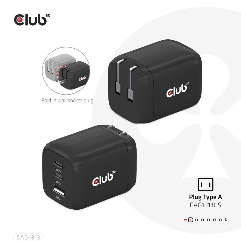 CLUB3D Travel Charger PPS 65Watt GAN technology, Triple port (2x USB Type-C USB Type-A) Power Delivery(PD) 3.0 Support