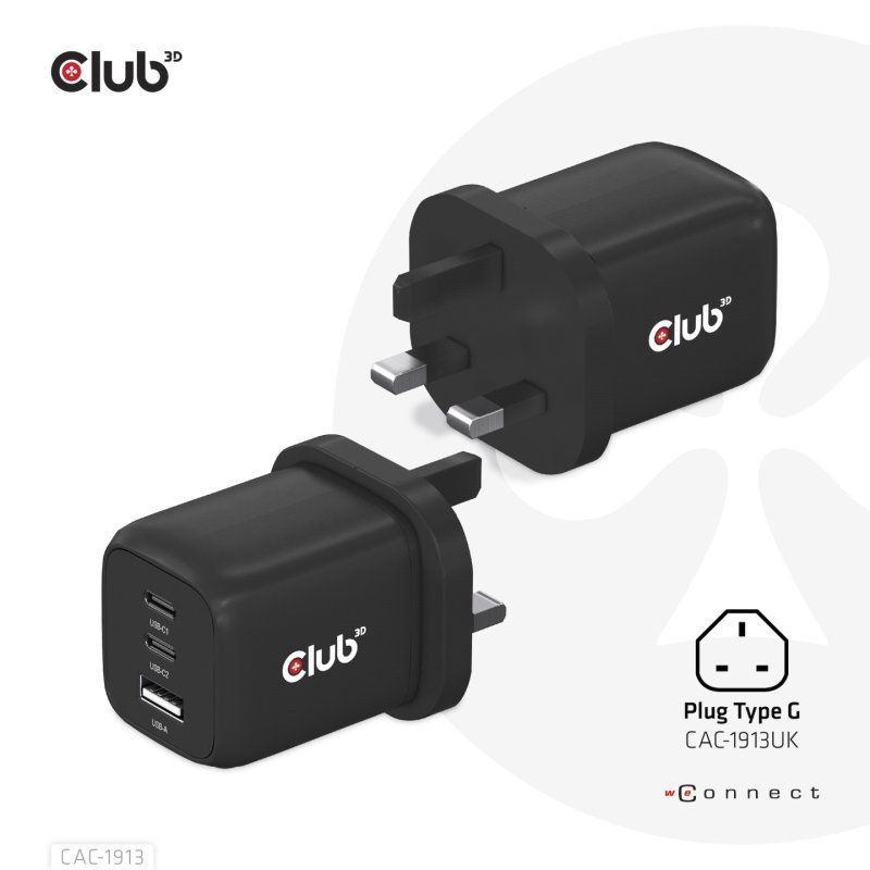 CLUB3D Travel Charger PPS 65Watt GAN technology, Triple port (2x USB Type-C USB Type-A) Power Delivery(PD) 3.0 Support