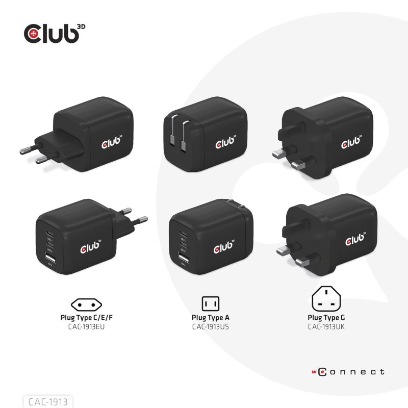 Club 3D Reise Ladegerät PPS 65W GAN, USB Typ-C/Typ-A Power Delivery (PD) 3.0