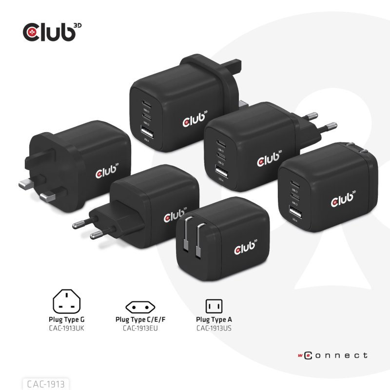 Club 3D Reise Ladegerät PPS 65W GAN, USB Typ-C/Typ-A Power Delivery (PD) 3.0