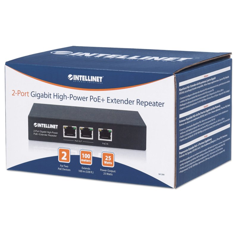 Intellinet 2-Port Gigabit High-Power PoE Extender Repeater IEEE 802.3at/af Power over Ethernet (PoE /PoE) metal