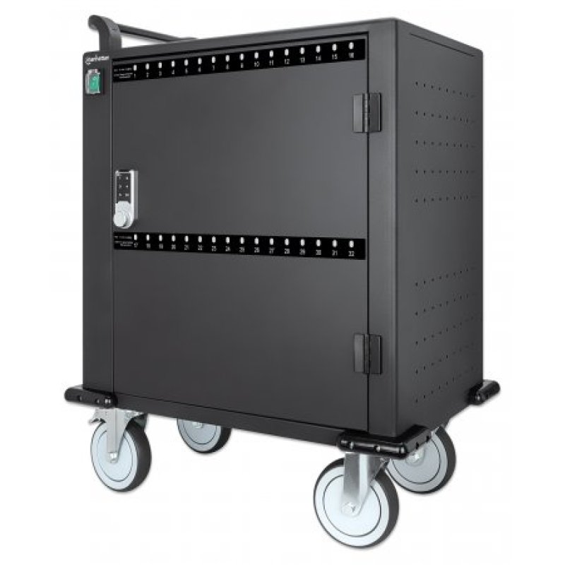 Manhattan Charging Cabinet/Cart via USB-C x32 Devices, Trolley, Power Delivery 18W per port (576W total), Suitable for
