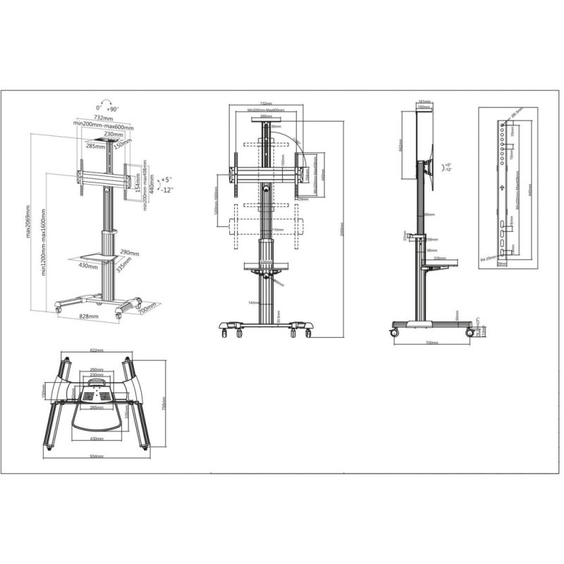 Manhattan TV & Monitor Mount Trolley Stand 1 screen Screen Sizes: 37-65 Silver VESA 200x200 to 600x400mm Max
