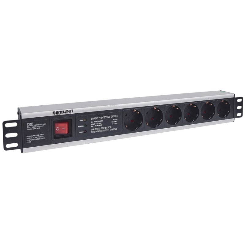 Intellinet 19 1.5U Rackmount 6-Way Power Strip - German Type With On/Off Switch and Surge Protection 3m Power Cord