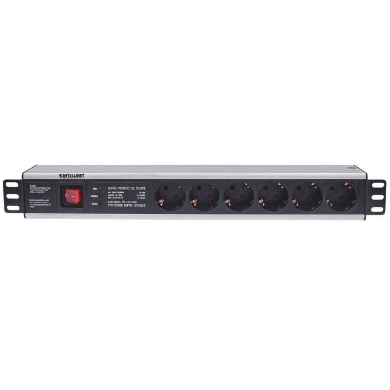 Intellinet 19 1.5U Rackmount 6-Way Power Strip - German Type With On/Off Switch and Surge Protection 3m Power Cord