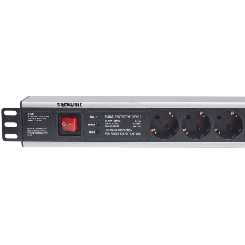 Intellinet 19 1.5U Rackmount 6-Way Power Strip - German Type With On/Off Switch and Surge Protection 3m Power Cord