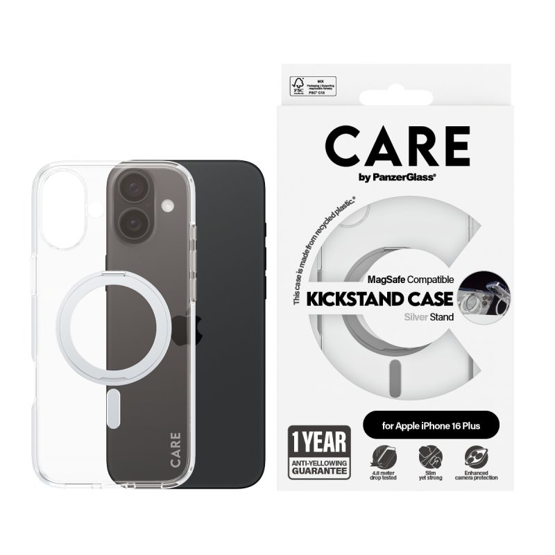 PanzerGlass CARE by Feature Case Transparent w. Silver Kickstand & MagSafe iPhone 16 Plus