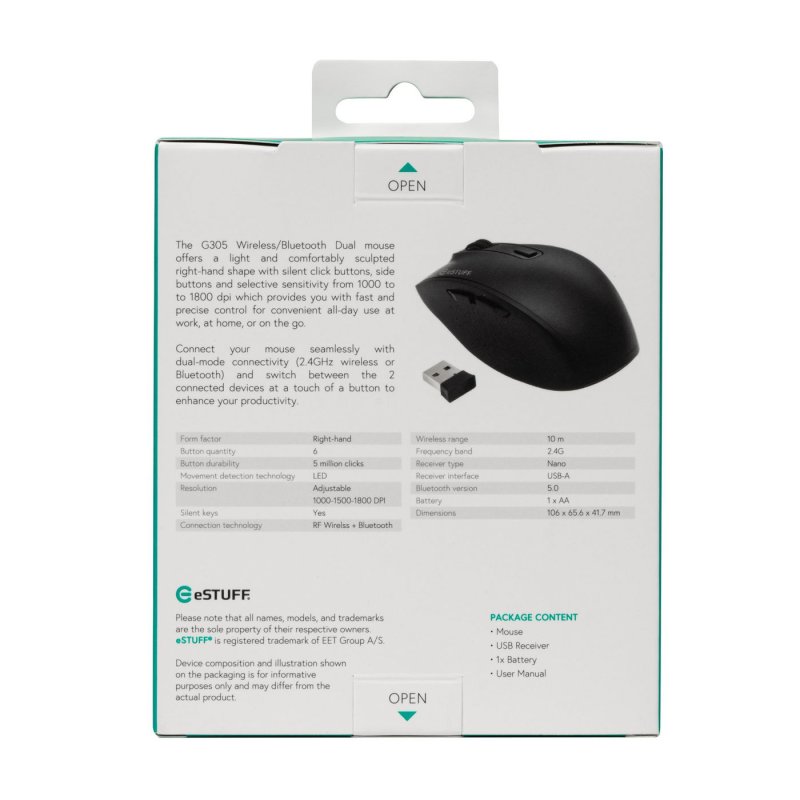 eSTUFF GLB214002 souris Bureau Droitier RF sans fil Bluetooth IR LED 1800 DPI