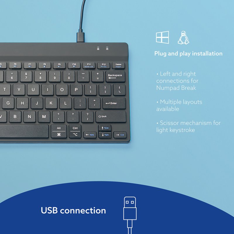 R-Go Tools Clavier ergonomique R-Go Compact Break, clavier compact avec logiciel de pause,QWERTY (US), Filaire, blanc