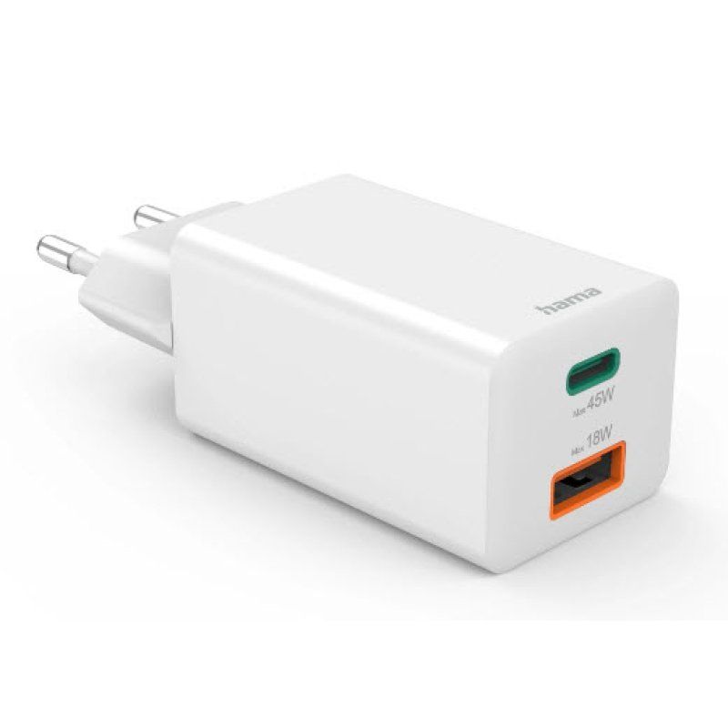 Hama 00201993 Schnellladegerät, 1x USB-C PD, 1x USB-A QC, Mini-Ladegerät, 45 W, Weiß