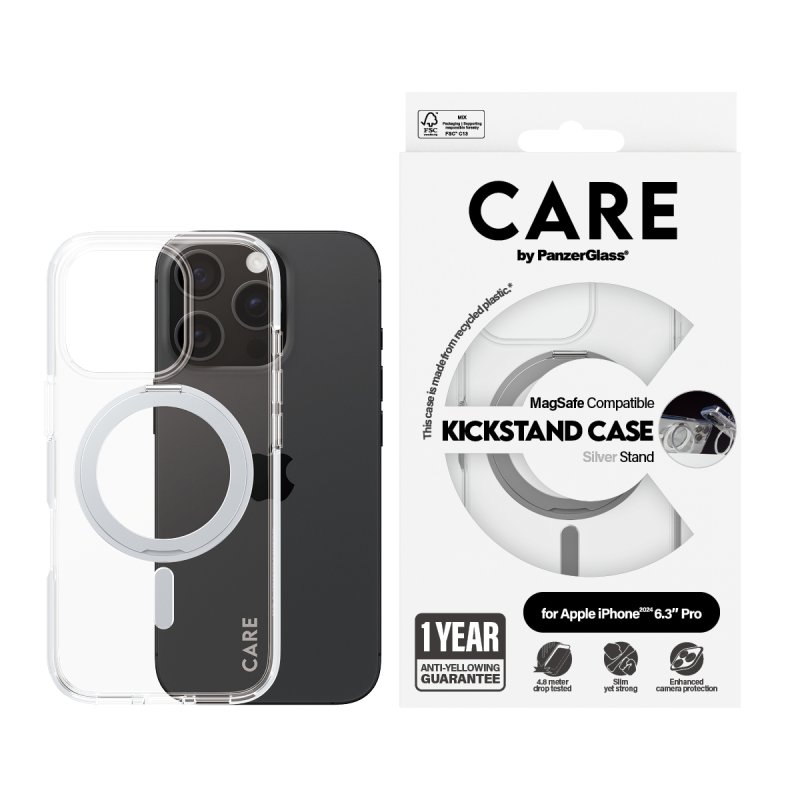CARE by PanzerGlass® Feature Case Transparent m. Silber Kickstand & MagSafe iPhone 16 Pro