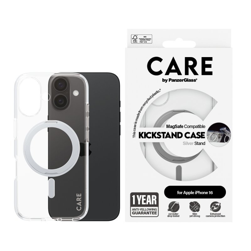 PanzerGlass CARE by Feature Case Transparent w. Silver Kickstand & MagSafe iPhone 16