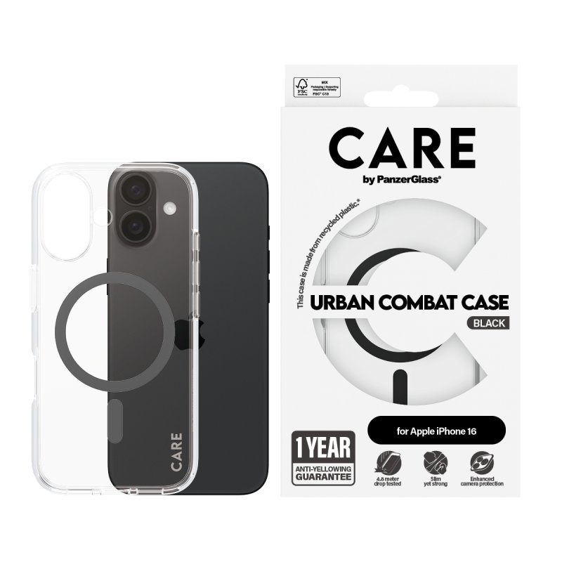 PanzerGlass CARE by Flagship Case Transparent Urban Combat w. Black MagSafe iPhone 16