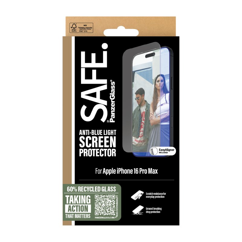 PanzerGlass SAFE. by Anti-Blue Light Screen Protector iPhone 16 Pro Max | Ultra-Wide Fit