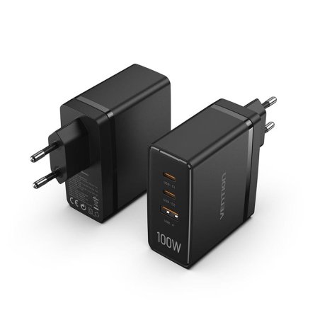 Vention 3-Port USB (C C A) GaN Charger (100W/100W/30W) EU-Plug Black