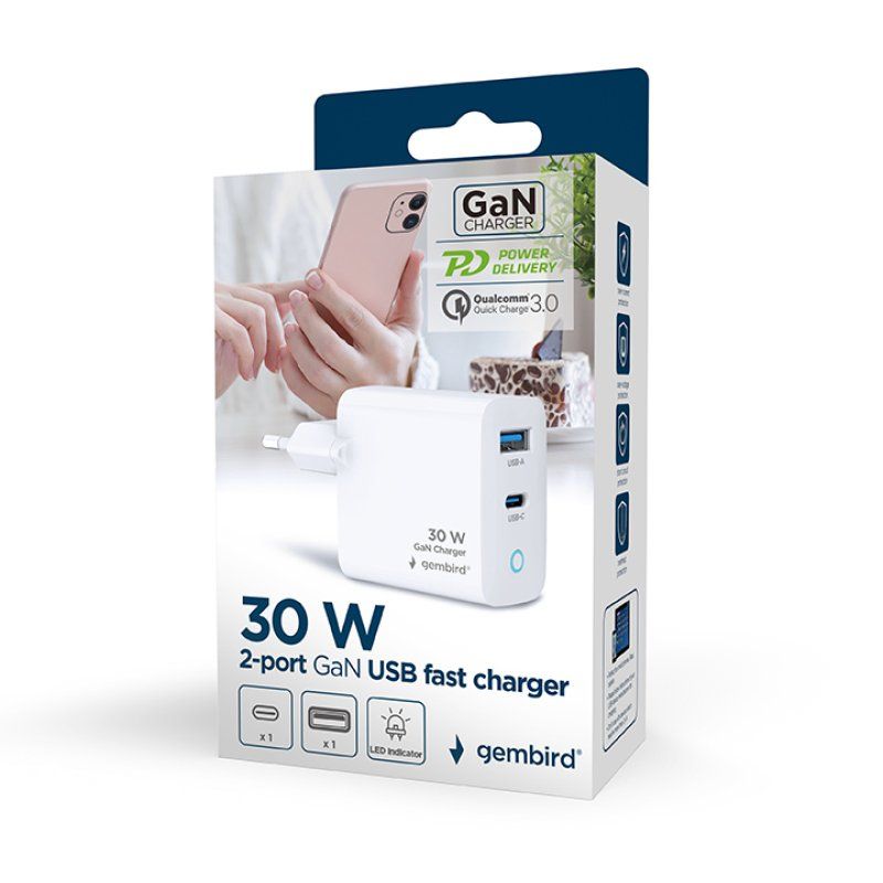 Gembird 2-port 30W GaN USB fast charger, LED, white