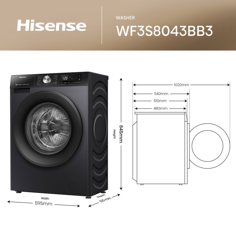 Hisense WF3S8043BB3 washing machine Front-load 8 kg 1400 RPM Black