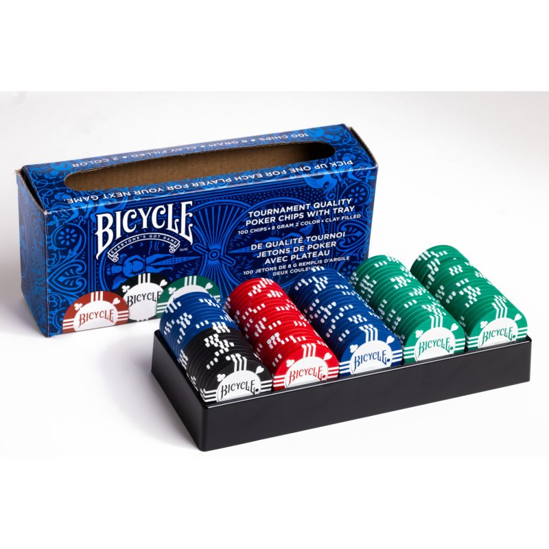 Bicycle - Jetons de poker de qualité tournoi avec plateau - 100 jetons de 8gr
