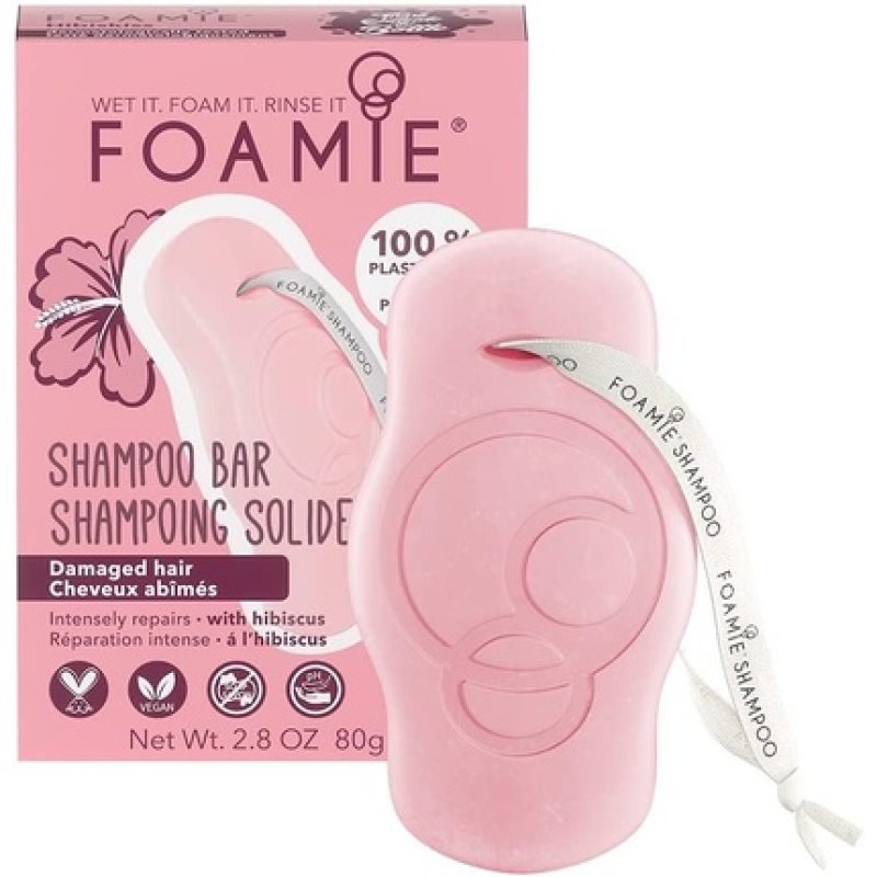 FOAMIE Hibiscus Shampoo Bar for Damaged Hair - Plastic-Free pH-Balanced Soap-Free No Sulphates or Parabens - Made in