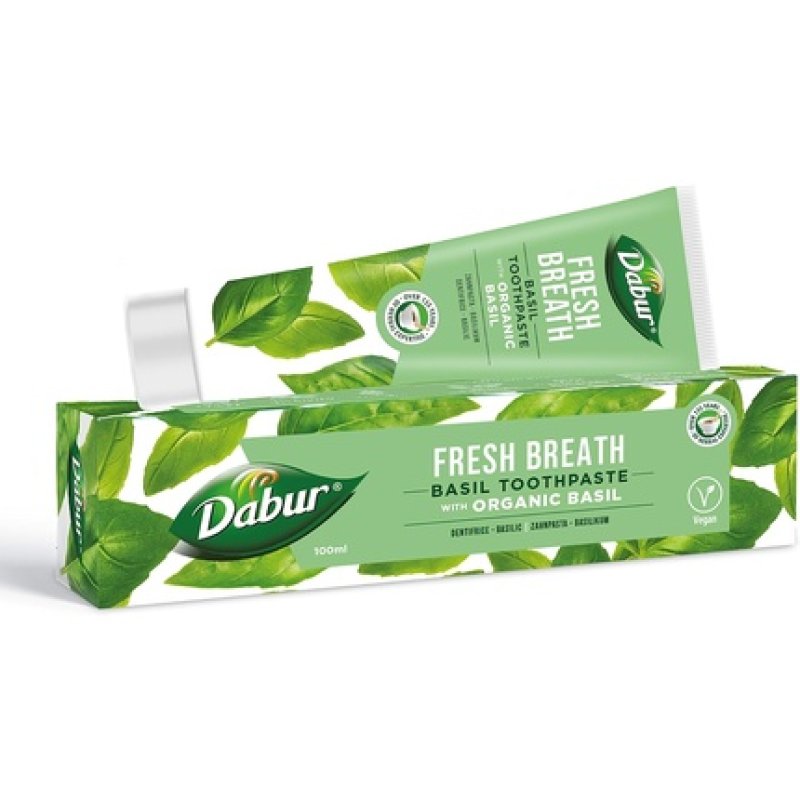 Dabur Organic Basil Toothpaste for Fresh Breath 100ml - Natural Oral Care with Organic Basil Extracts - Refreshing Mint