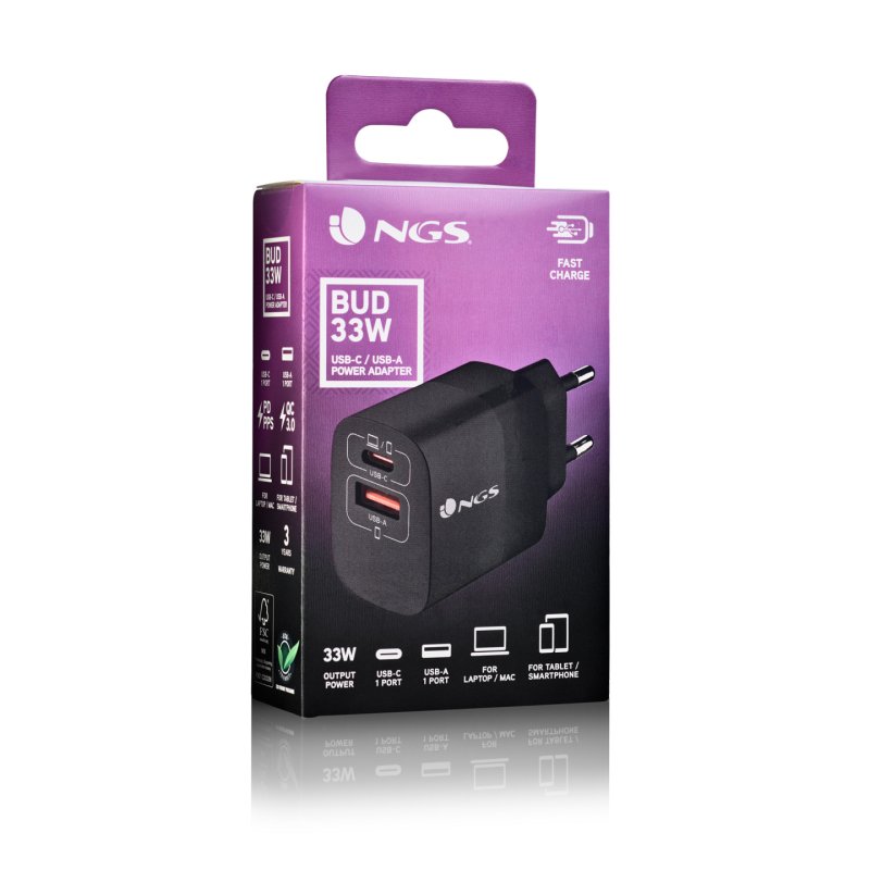 Chargeur secteur NGS Bud 1x USB-C 1x USB-A 33W (Noir)